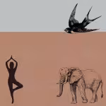 LOW_30_canvas_babfbc_Metal-shine-dotted-UPP_70_canvas_b37256_Sunburn-cardboard-sepia080-yogaStanding-birdBW-africanElephantDrawing.avif