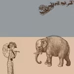 LOW_50_canvas_8f9e9d_Abyss-solid-UP_50_canvas_e2c4a6_Apricot_illusion-p1-sepia070-womanWithParasol-sepia070-santaAndReindeer-sepia070-elephantDrawing.avif
