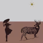 LOW_50_canvas_cacccb_Dawn_blue-45-degree-fabric-light-UP_50_canvas_8b645a_Cognac-lined-paper-2-sepia080-womanWIthSombreoHat-sepia050-spider-deerDrawing.avif