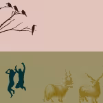 LOW_50_canvas_e2bdb3_Peachy_keen-silver-scales-UP_50_canvas_b7b17a_Leek_green-3px-tile-sepia180-coupleJumping-sepia080-Branches5Birds3-sepia050-pairOfRams.avif
